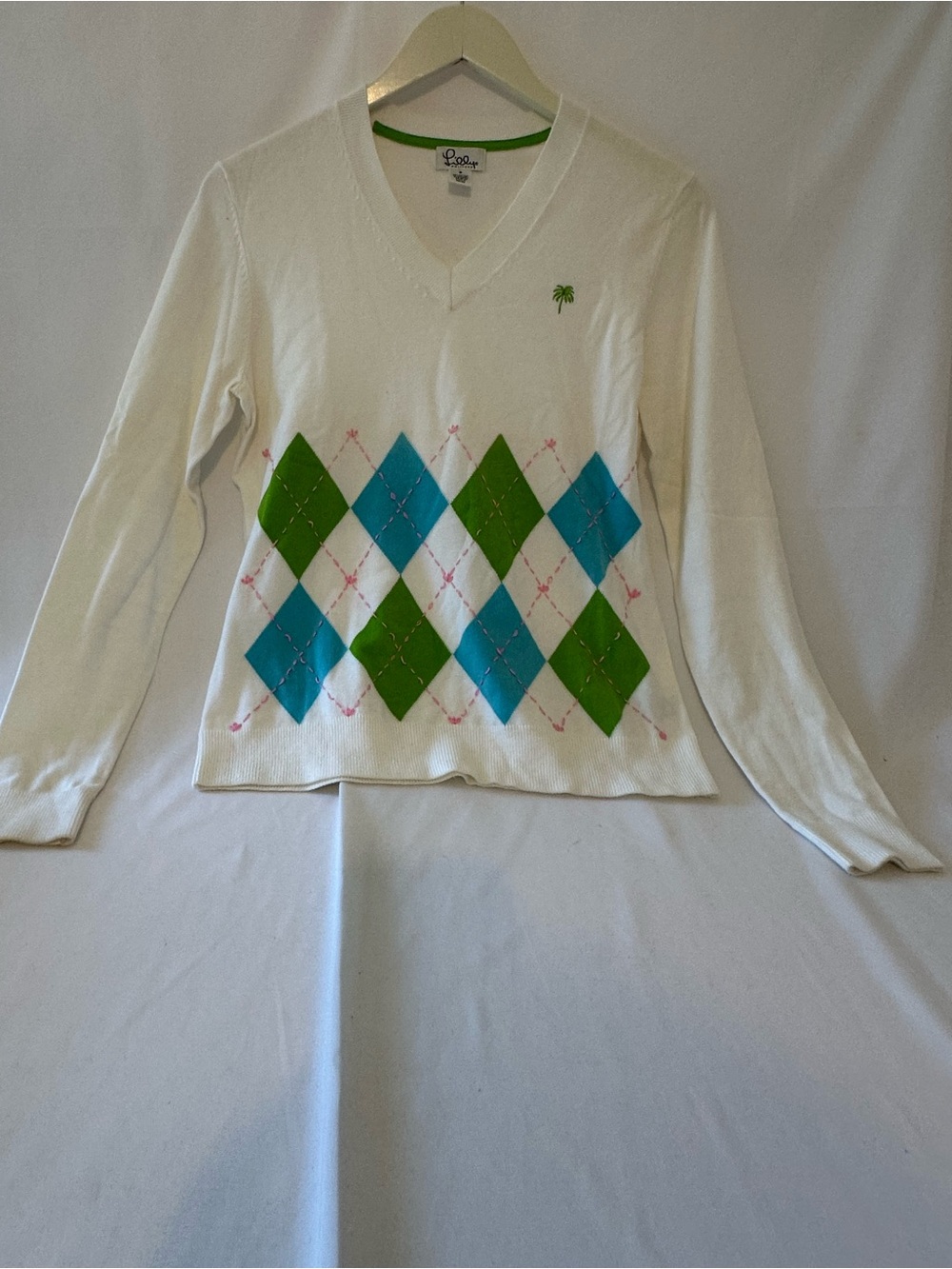 Lilly Pulitzer White V-Neck Argyle Sweater with Blue & Green Diamonds